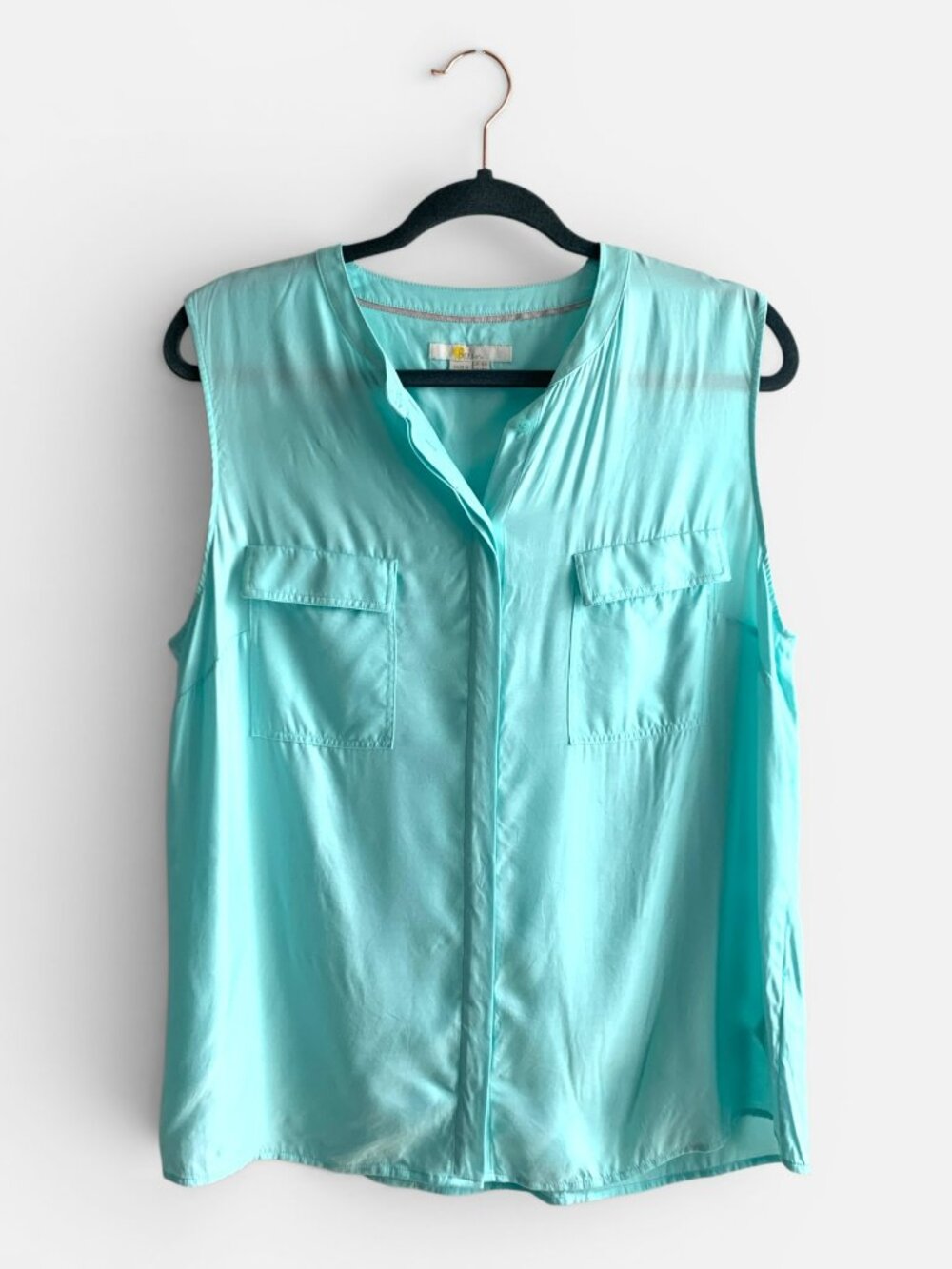 Boden Sleeveless Blouse Aqua Blue Silk Blend Pocket Top Size US 14